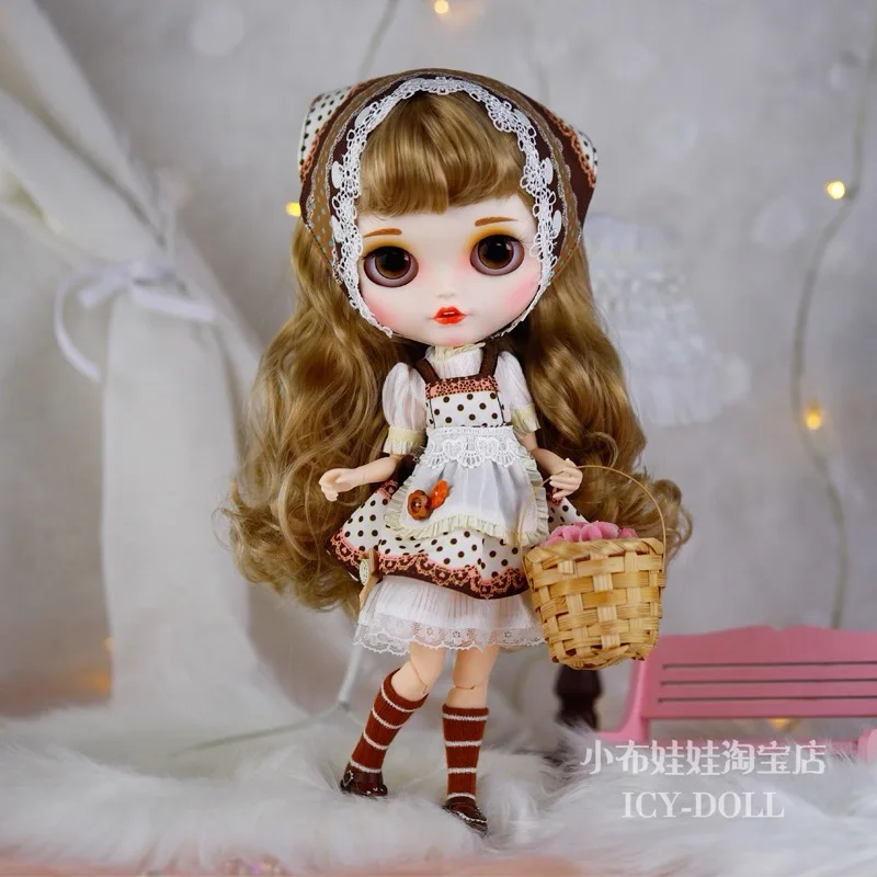 

ICY DBS Blyth Doll Clothe Cute Brown Rustic Lolita Dress With Headscarf Set 19 Joint OB24 Azone Doll Party Dress Up