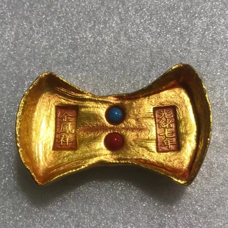 Antique Collection Qing Dynasty Guangxu Seven Years Gilding Jin Fengxiang Copper-Plated Gold Inlaid Jewel Gold Ingot Gold Bar Or