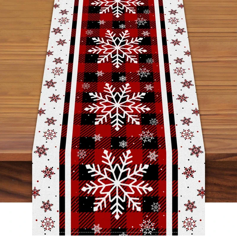 Dresser Scarf Linen Red Black Gingham Check Snowflake Border Country Lodge Style Christmas Dinner Cover
