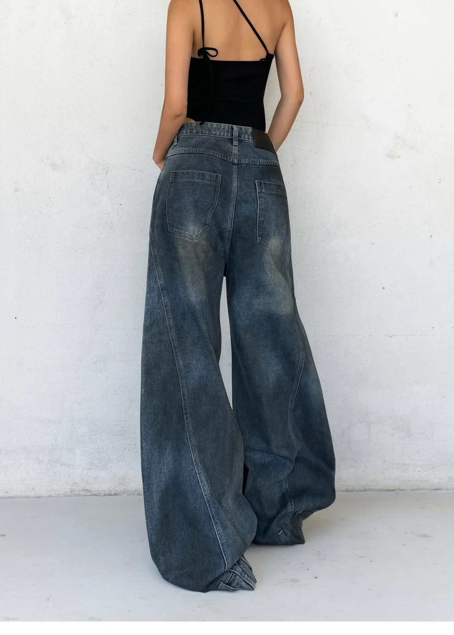 شيك موضة المرأة الجينز خمر الرجعية الحبر القذر عالية الخصر عادية واسعة الساق الدنيم السراويل ثقوب تصميم الإناث العصرية Harajuku