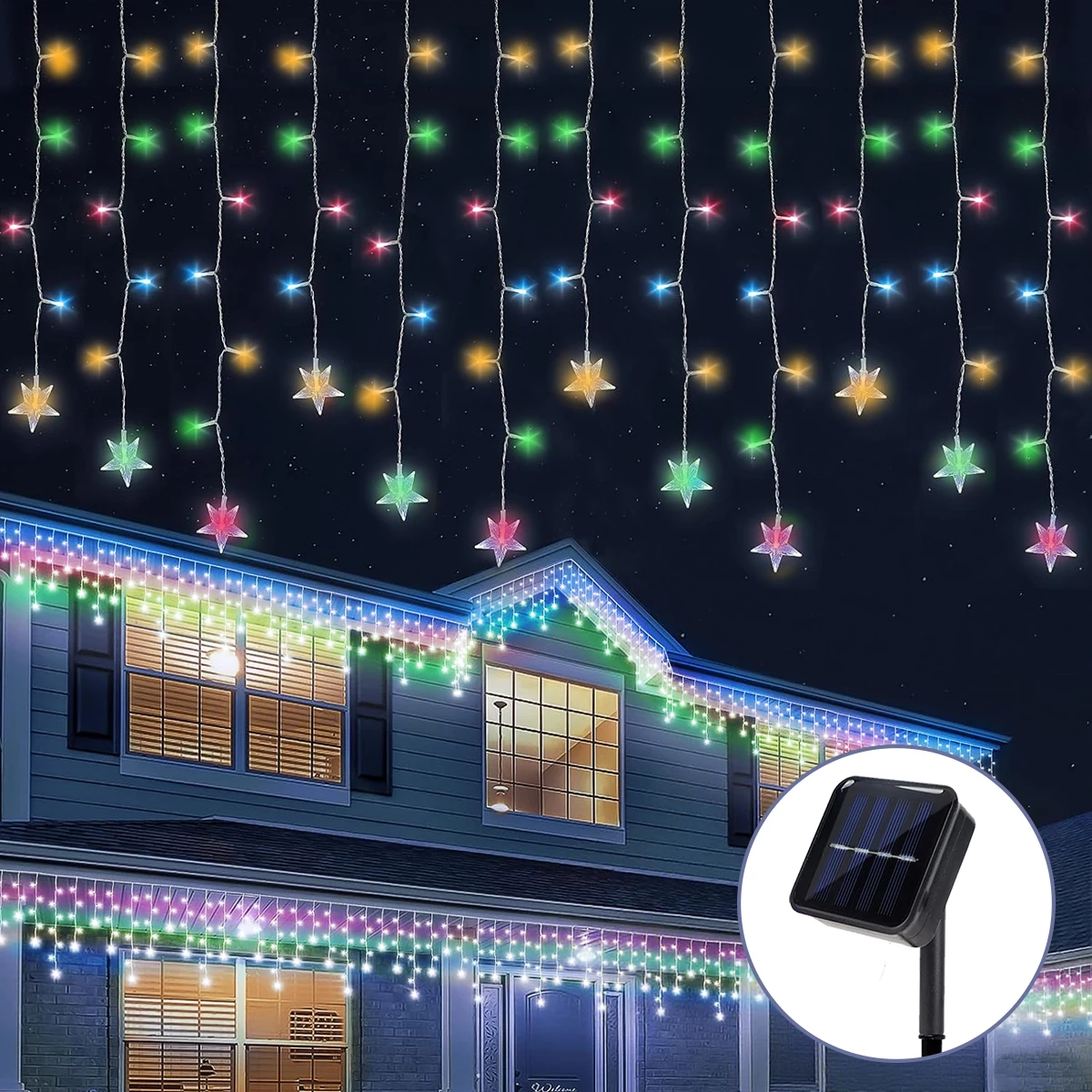 1pc 96LED Star Curtain Waterfall Icicle String Light Outdoor Christmas Lights Solar Powered Perfect For Home Garden Window Decor