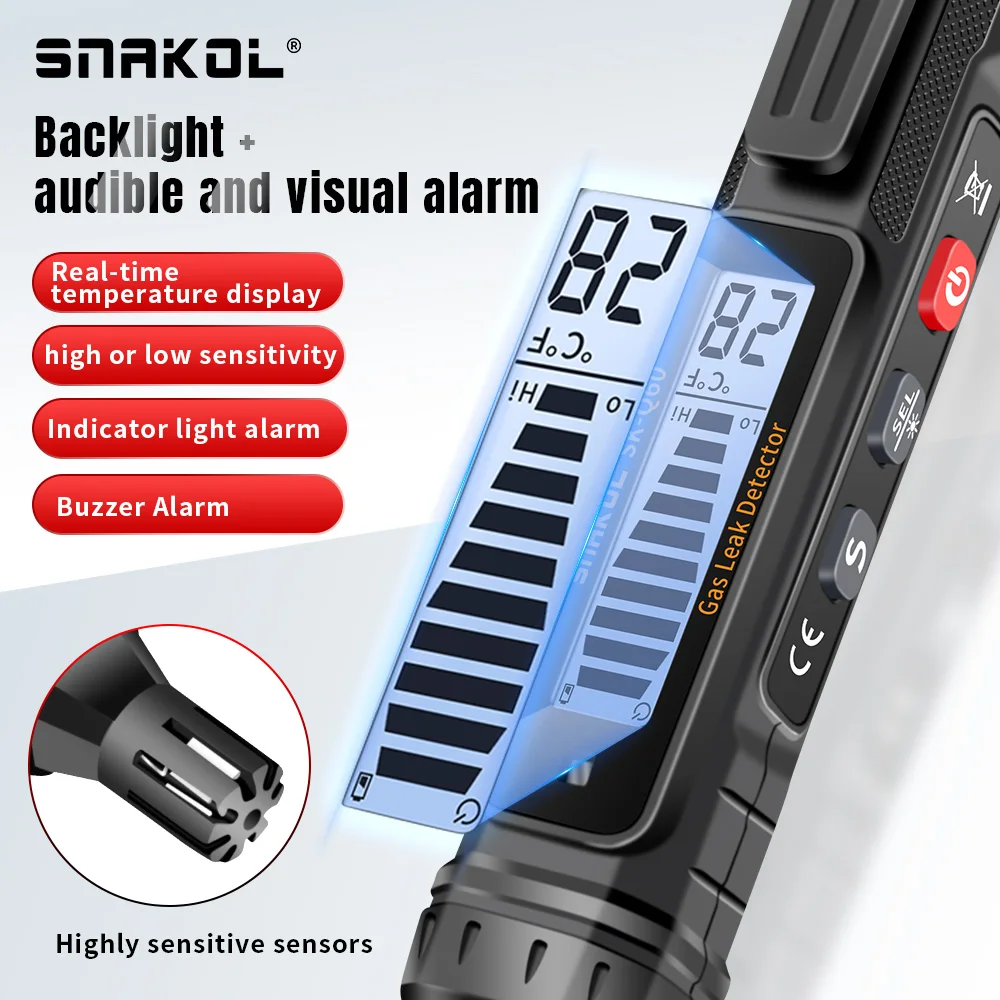 Snakol Gas Leak Detector Combustible Natural Co2 Flammable Alcohol LPG Methane Analyzer Rechargeable Buzzer Alarm PPM LEL Tester