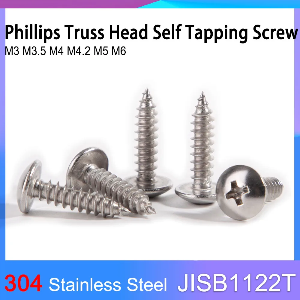 

M3 M3.5 M4 M4.2 M5 M6 304 Stainless Steel Phillips Big Truss Head Self Tapping Wood Screw JISB1122T Length=6-50mm