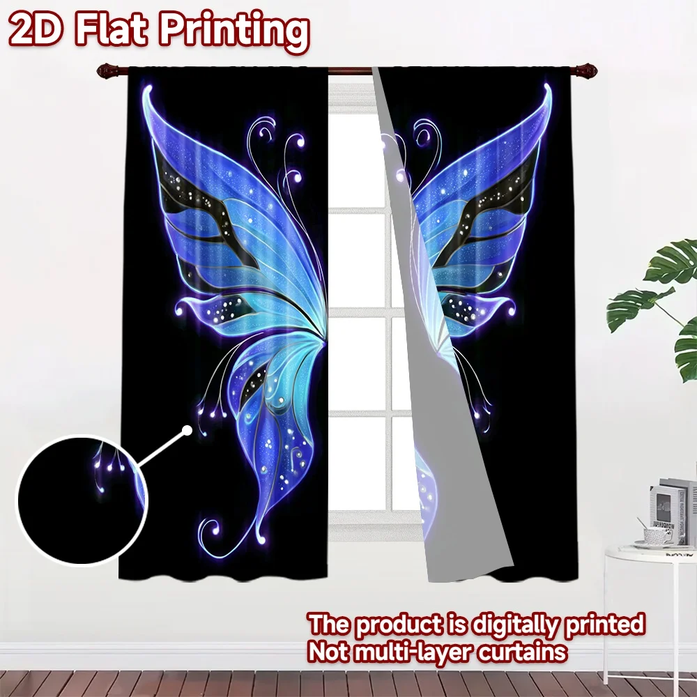 2D flat printing 2pcs Party Window Curtains Butterfly wings glowing blue purple Digital Printed Polyester Drapes Birthday Party