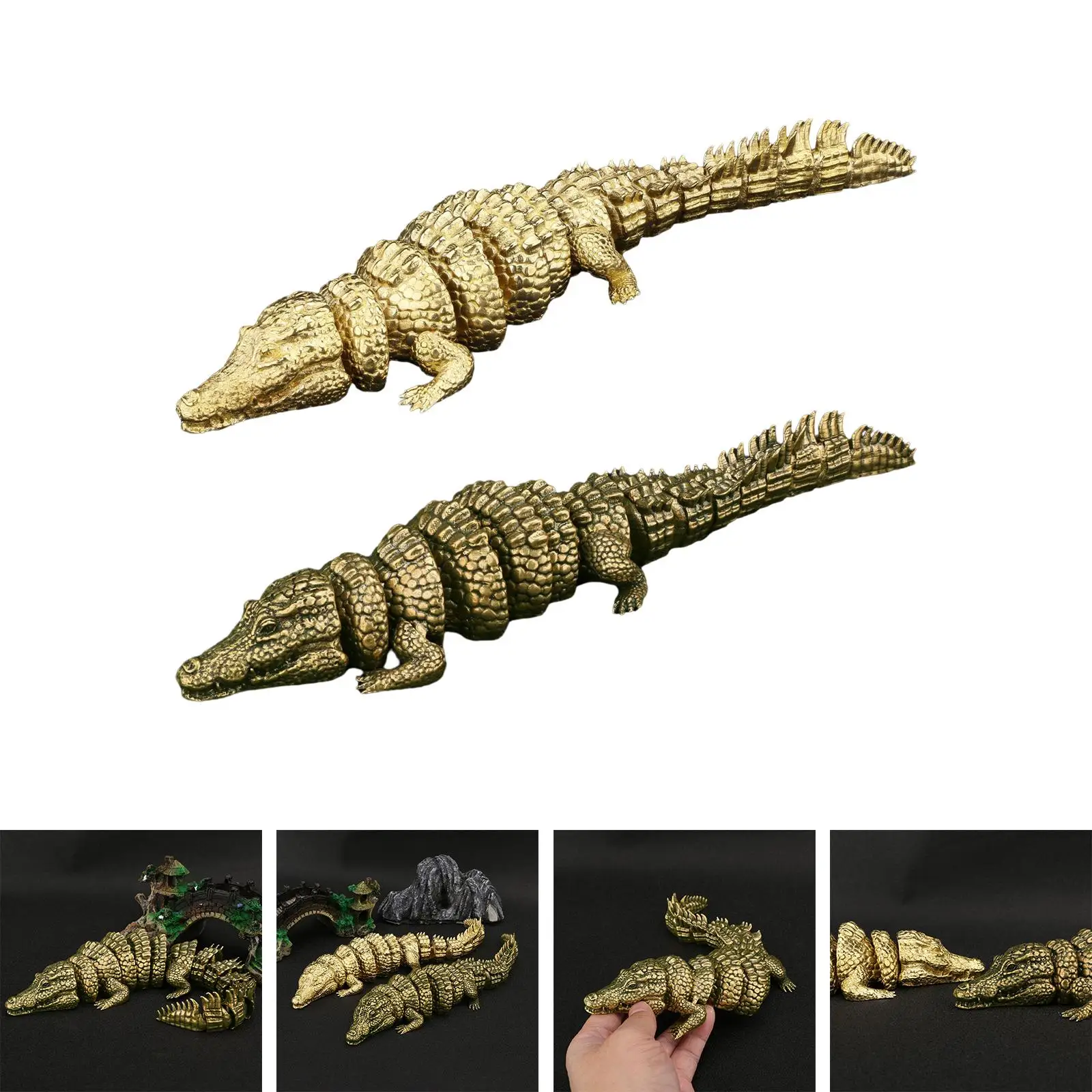 Brass Crocodile Figurine Moveable Body Joints Home Decor for Study Room Desk