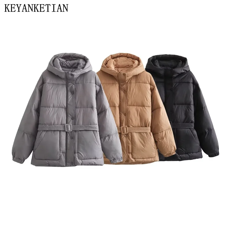 KEYANKETIAN Winter New Women\'s With Belt Thick Warm Quilted Coat Simply Quilting Decoration Pockets Slim-Fit Hat Collar Jacket