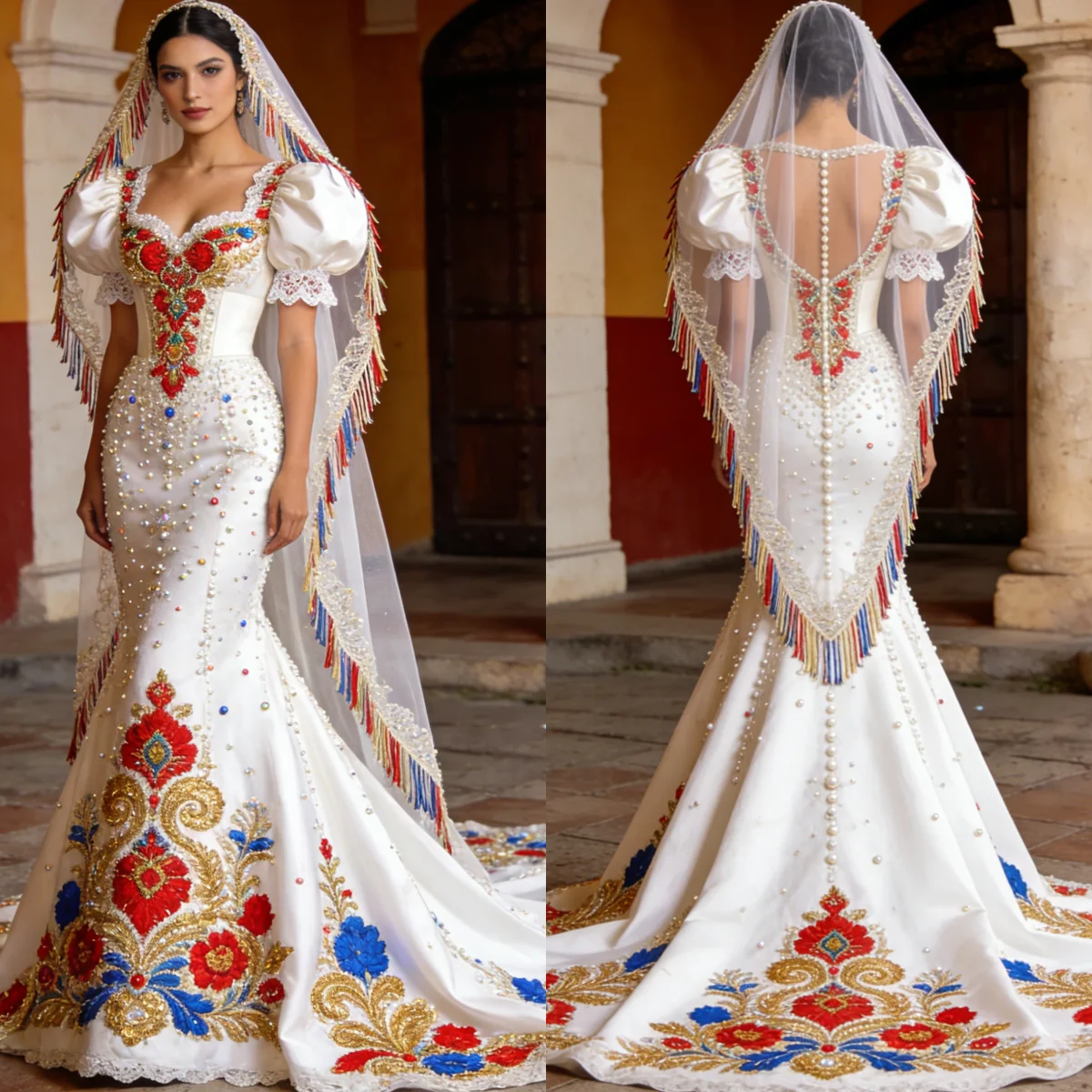 Customized Mexican Luxury Elegant Princess  Mermaid Wedding Dress Sweetheart Short Sleeved Pearl Embroidery Vestido De Novia
