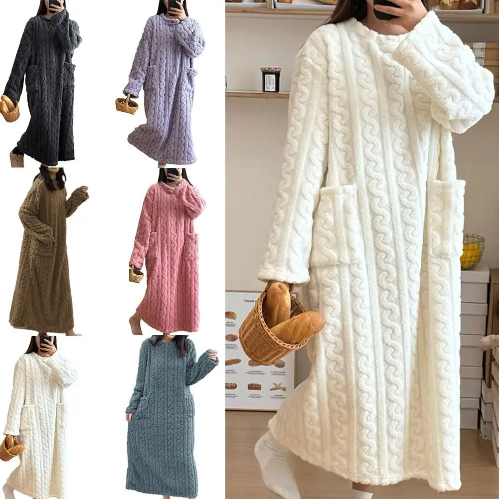 

Winter Long Sleeve Double Pocket Flannel Nightgowns Women Loose Solid Sleepwear Jacquard Night Dress Thickened Warm Nightdress