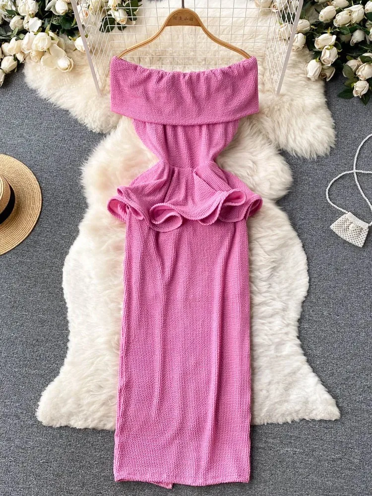 Verão feminino sexy uma palavra pescoço fora do ombro vestido fino em camadas meados de comprimento babados cintura magro aniversário temperamento vestido d1341