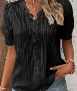 Elegant Women Blouse Shirt V Neck Lace Patchwork Short Sleeve Shirts For Women Summer Lady Tops image 3