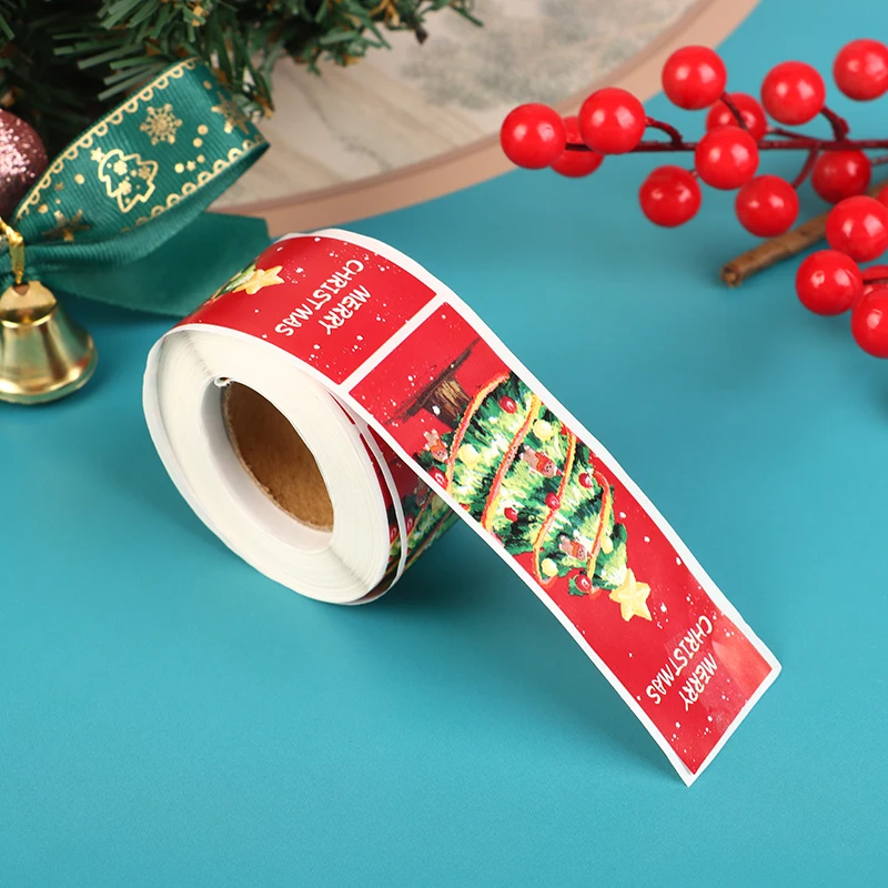 150Pcs/Roll Cute Merry Christmas Stickers 3*9CM Rectangle Red Christmas Gift Decorative Sealing Stickers Packaging Box Labels