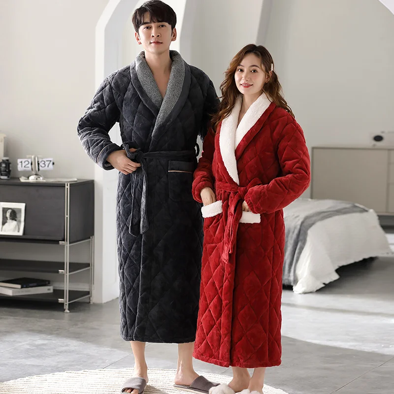 Thick quilted coral flannel long-sleeve male and female robe solid bathrobes couple sleepwear winter pijama hombre