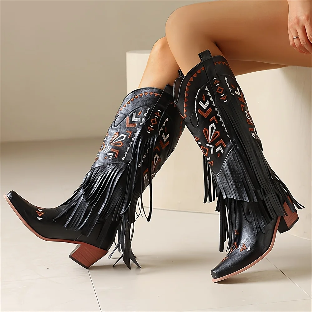 

Women's Fringe Knee High Western Cowboy Boots Fashion Vintage Embroider Chunky High Heel Pointed Toe Pull On Retro Cowgirl Boots