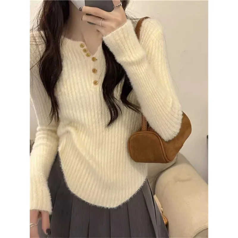 

Женский вязаный свитер с вышивкой и имитацией меха, с коротким и длинным рукавом, осенне-зимний, новый стиль, приталенный, для ношения под одеждой