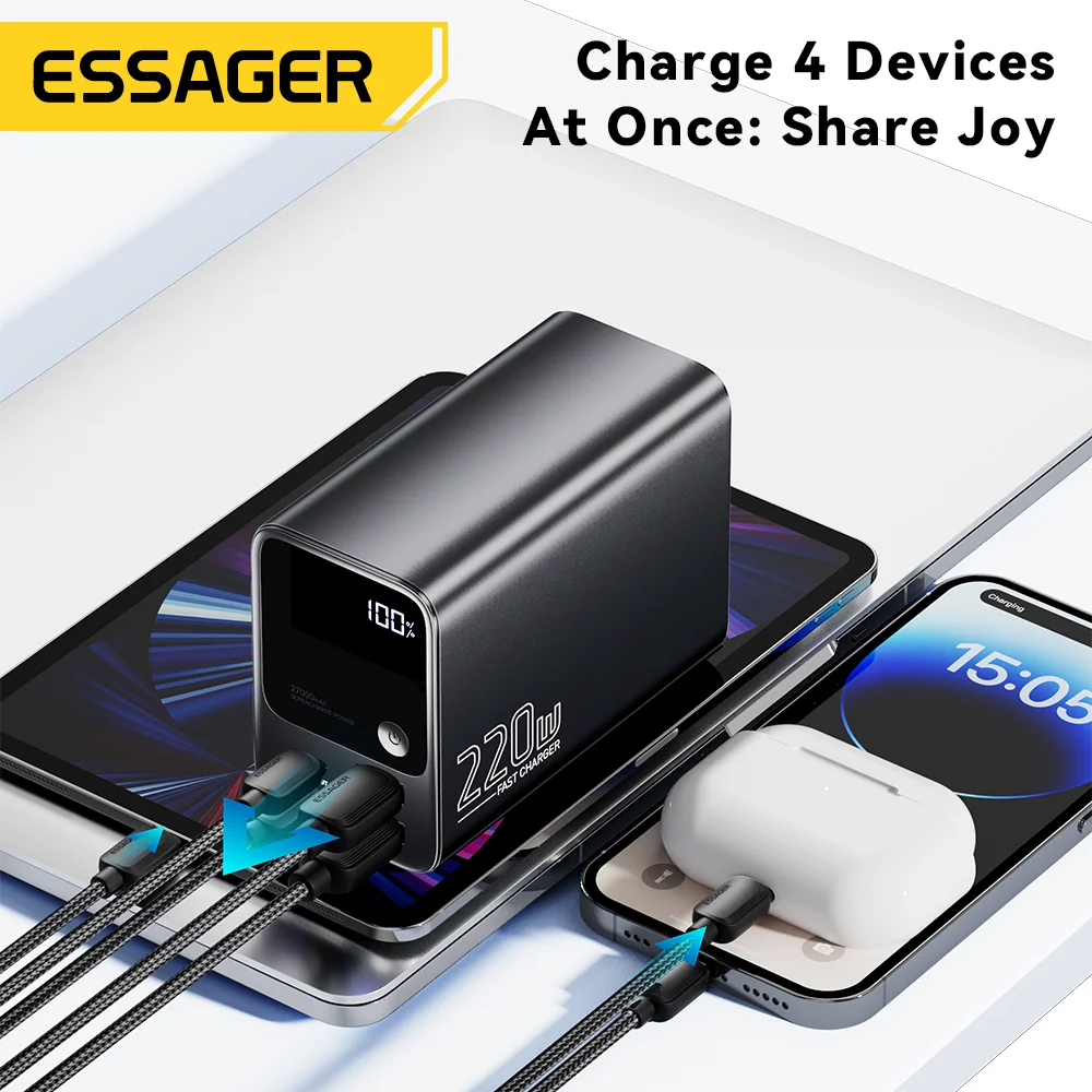 Essager 27000mAh 220W PD QC3.0 Fast charging Large battery capacity Power Bank For iPhone16 15 14 pro Xiaomi Laptop Macbook