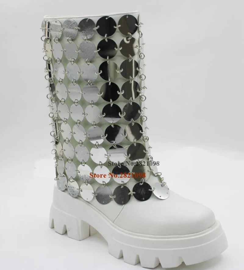 

White Leather Silver Sequins White Mid Calf Boots Women's Platform Long Boots Fashion Shoes Plus Size 43