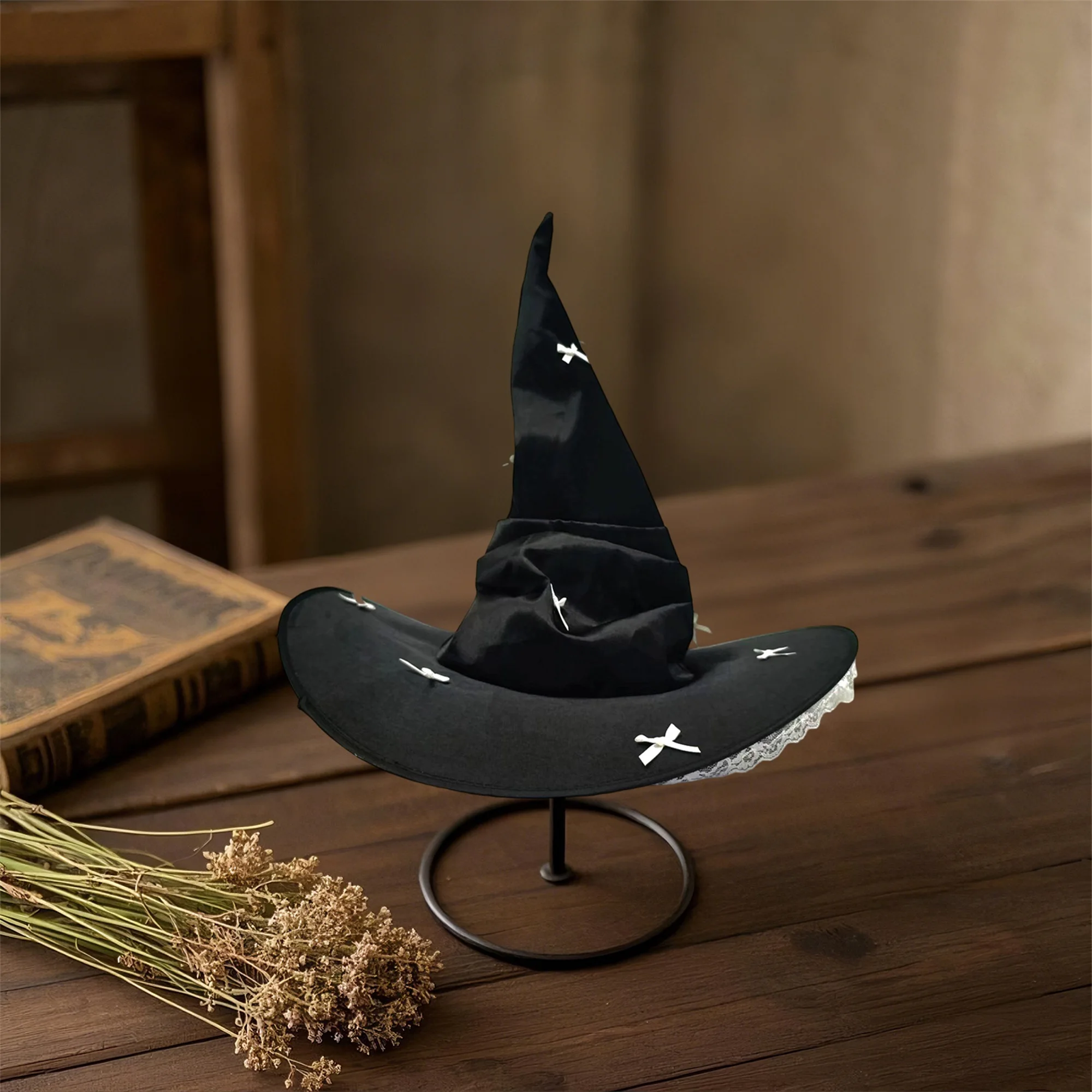

Gothic Black Witch Hat with Elegant Lace Trim and Bow Detail for Halloween Cosplay and Costume Parties