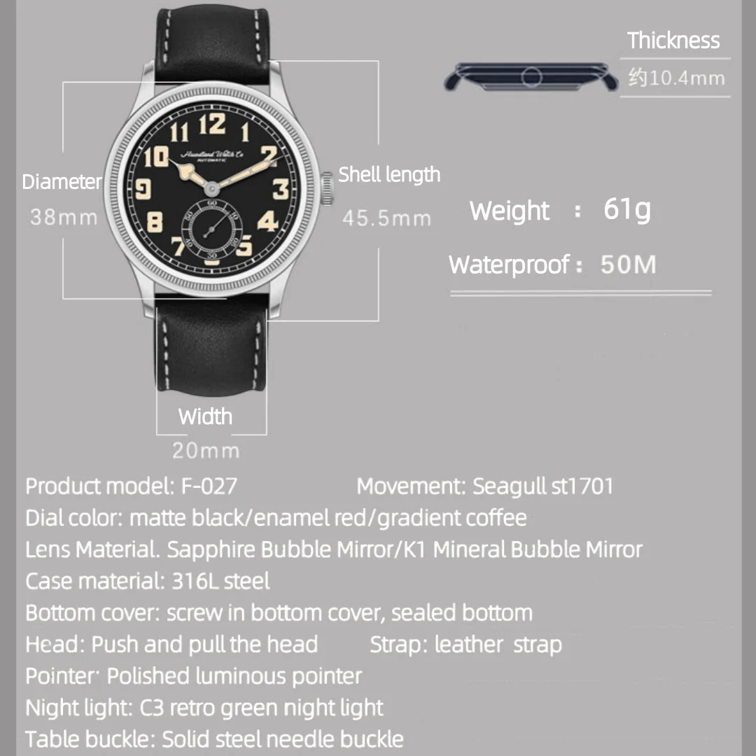 Hruodland 2025 Neue Männer Automatische Mechanische Uhr Seagull ST1701 38mm Pilot K1 Glas Edelstahl Leder Reloj Hombre