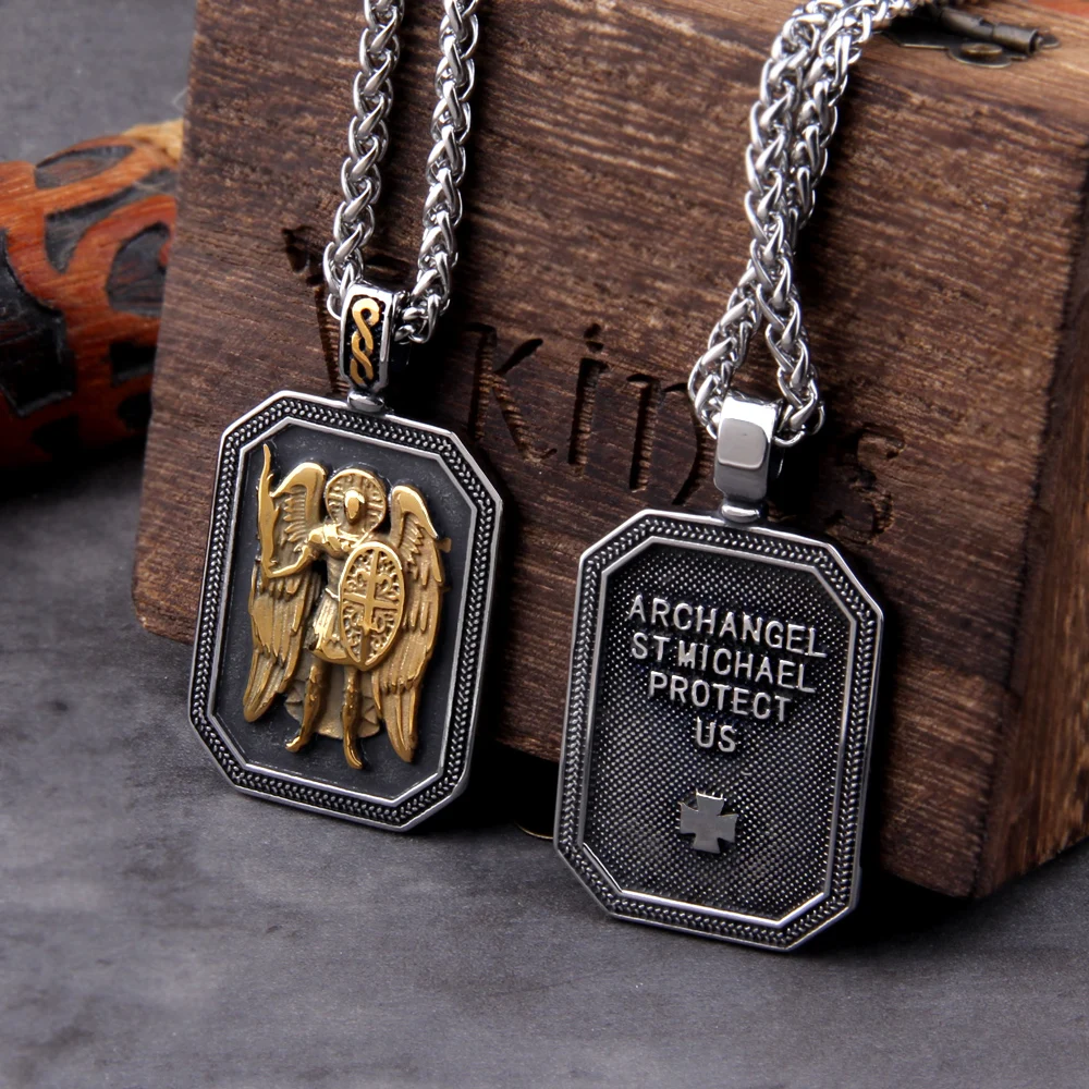 Archangel Michael Cross Shield Prayer Tag Titanium Stainless Steel Pendant Men's Amulet Necklace Jewelry Gift Wholesale with box