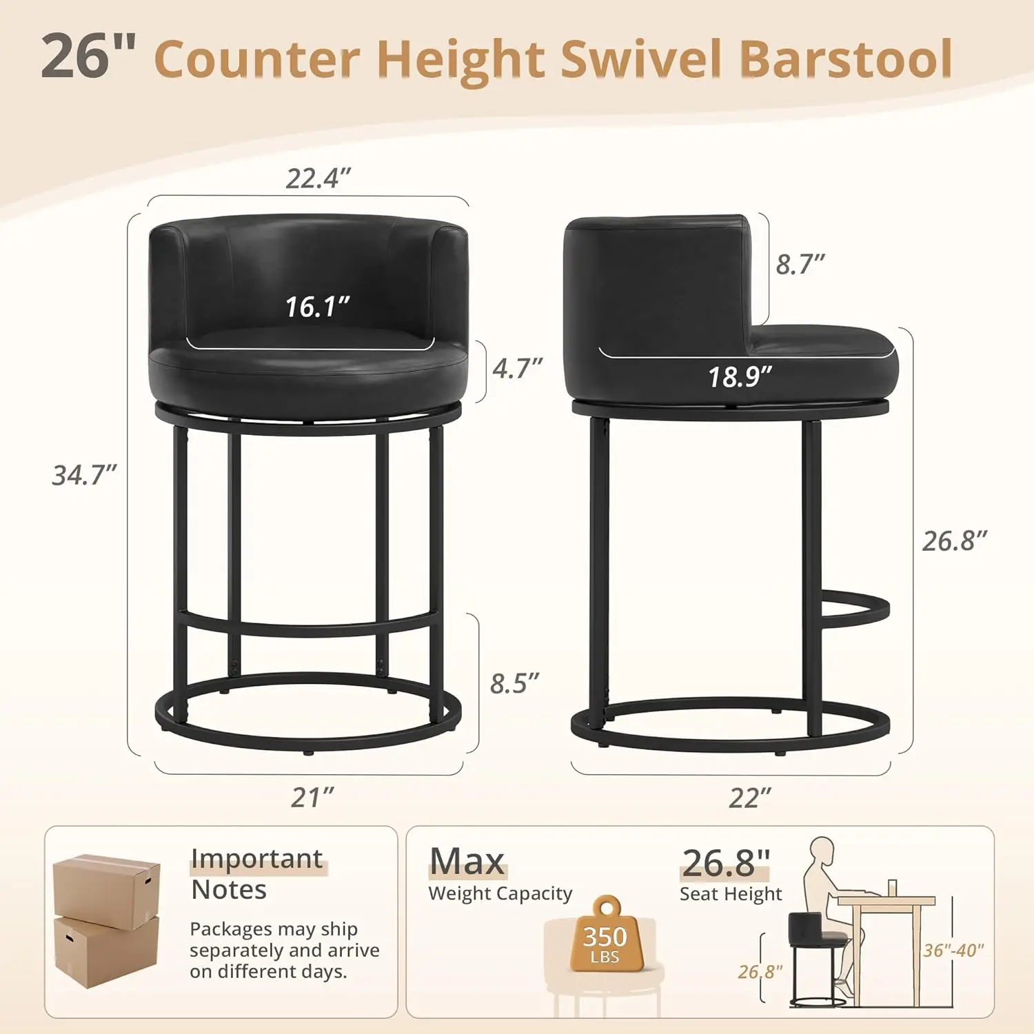 Juego de 4 Taburetes de Bar Giratorios de 26.8 Pulgadas de Altura, Respaldo en Forma de Barril, Cuero Sintético, Estructura Metálica, para Isla de Cocina, Color Negro, Personalizado