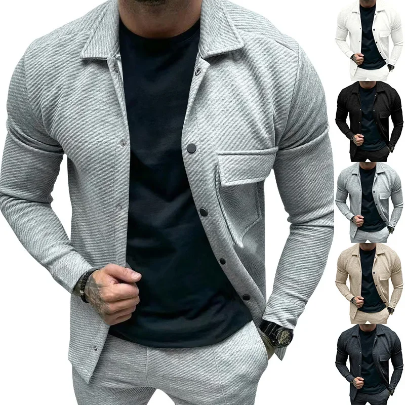 Cross-border autumn casual men\'s heavy-duty twill lapel neck long-sleeved top single-breasted solid-color slim-fit jacket