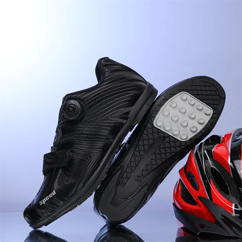 Breathable Non Cleat Mountain Bike Riding Shoes, Wave Pattern PU Upper Adjustable Rotary Buckle, Wear Resistant Rubber Outsole C