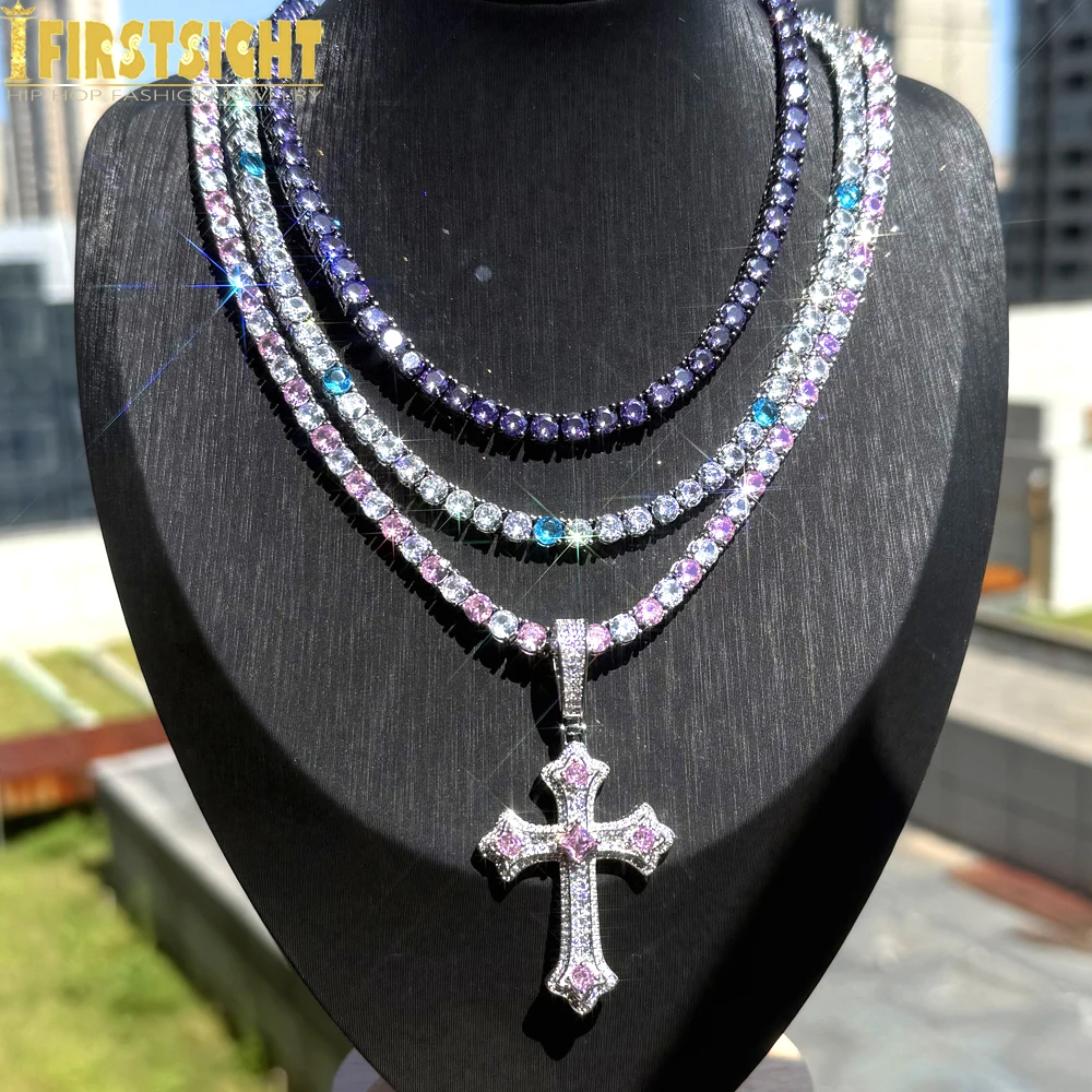 

New Iced Out Cross Pendant Necklaces For Women Men With Pink Blue Purple Cubic Zircon 5MM Tennis Chain Hip Hop Fashion Jewelry