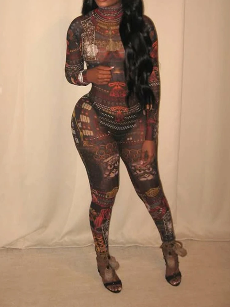 

Сексуальный прозрачный комбинезон из сетки с принтом Foamlina, женский модный облегающий ромпер с круглым вырезом и длинными рукавами, в стиле Y2K, для клуба и уличной моды, 2026