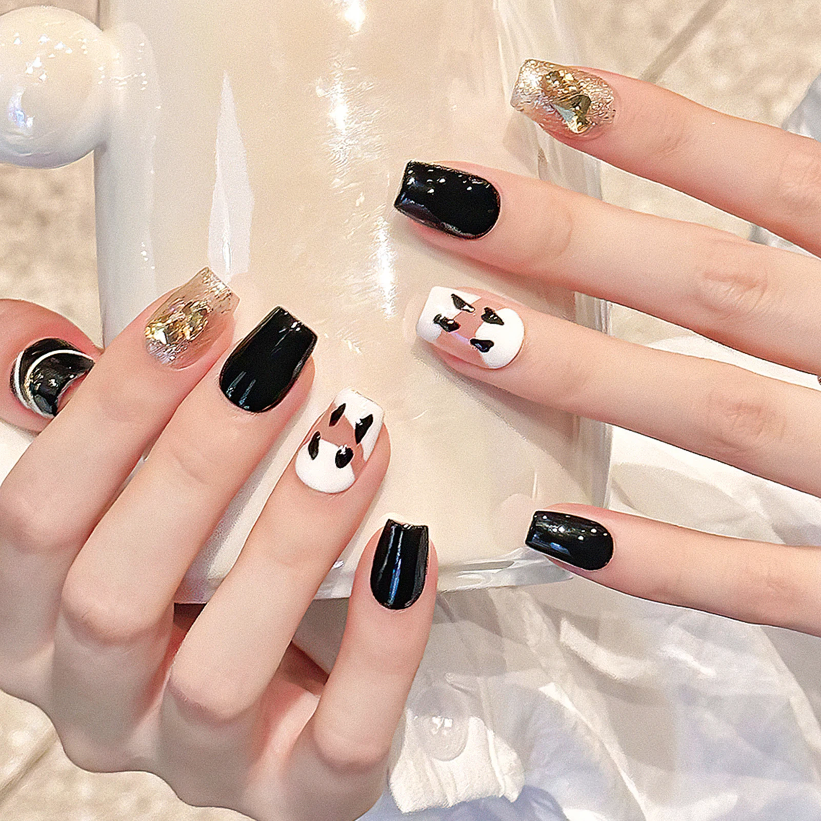 10 pçs imprensa em unhas acrílicas preto unhas falsas com champanhe diamante decoração caixão curto outono artesanal unhas falsas wearable