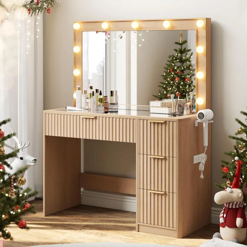 

36 Makeup Vanity Desk with Large Mirror & LED Lights, Fluted Vanity with 4 Drawers, Tempered Glass Top & Charging Station