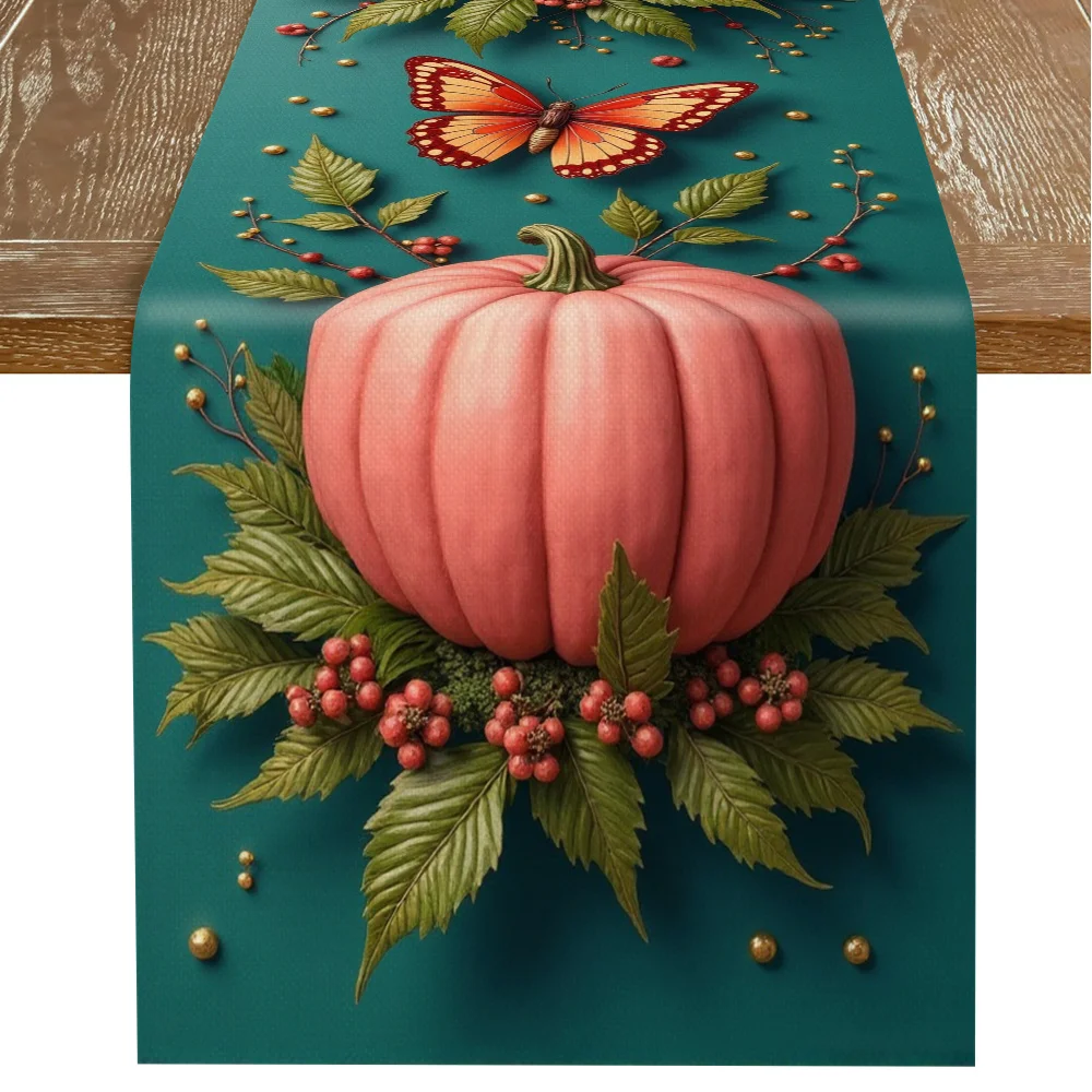 

1 Piece of Autum Thanksgiving Themed Table Runner, Pink Pumpkin Butterfly and Leaf Decoration, Suitable for Restaurants, Homes, Dinners, Art Exhibitions.