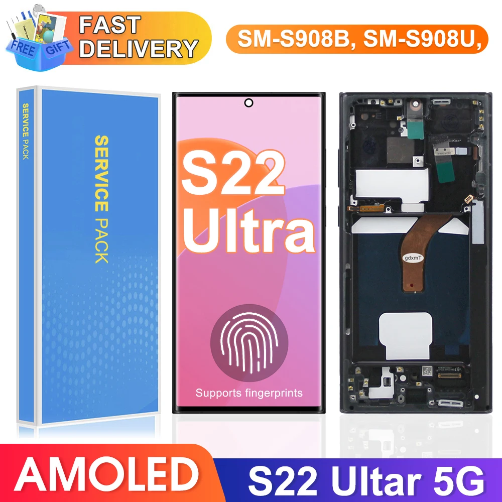 TFT S22 Ultra Screen with Frame for Samsung Galaxy S22 Ultra 5G S908B S908B/DS Lcd Display Touch Screen Digitizer Replacement