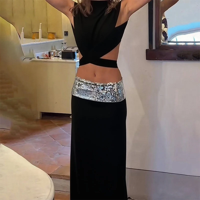 

Elegant Solid Color Slim Commute Two Piece Sets Women High Waist Hollow Out Top Outfits Fashion O-neck Crop Top&Half Skirts Sets