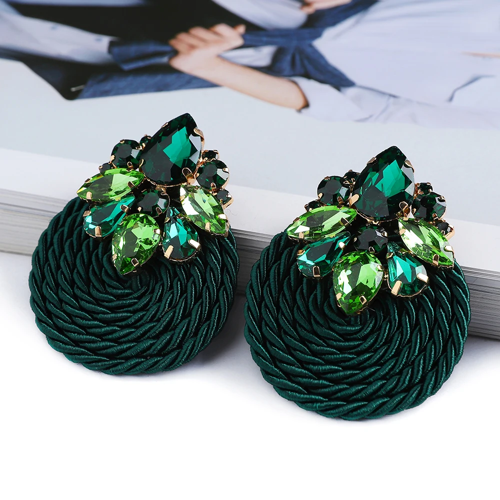 Fashion Cotton Rope Weave Round Luxury Big Stud Earrings Trend Geometric Crystal Vintage Ear Accessories Cottagecore Jewelry