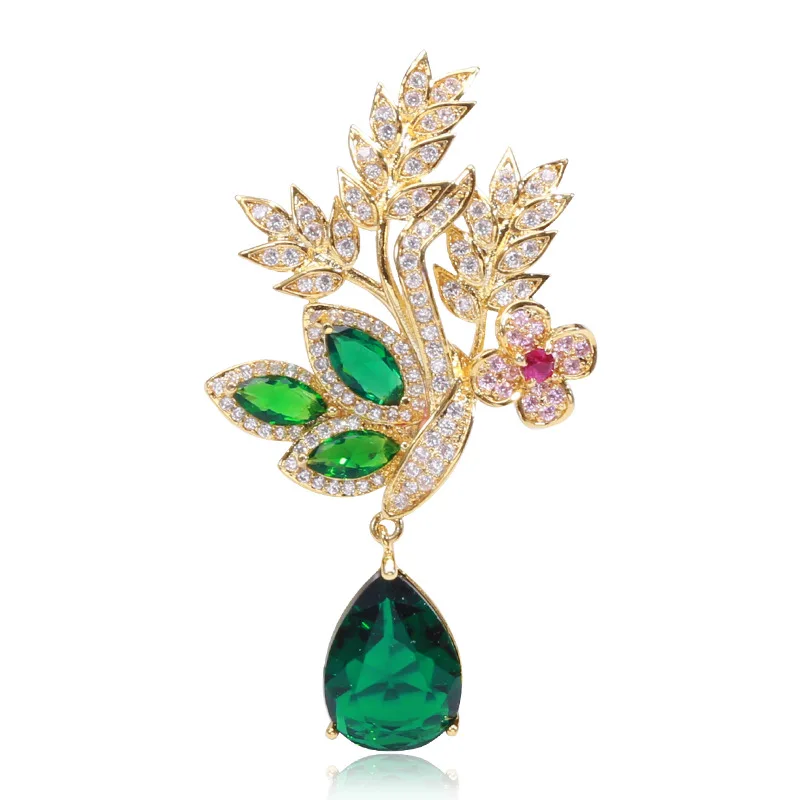 مزاجه الزركون القمح الزهور قلادة دبابيس للنساء رائعة كريستال قطرة الماء بروش سيدة الملابس دبابيس مجوهرات هدية #6