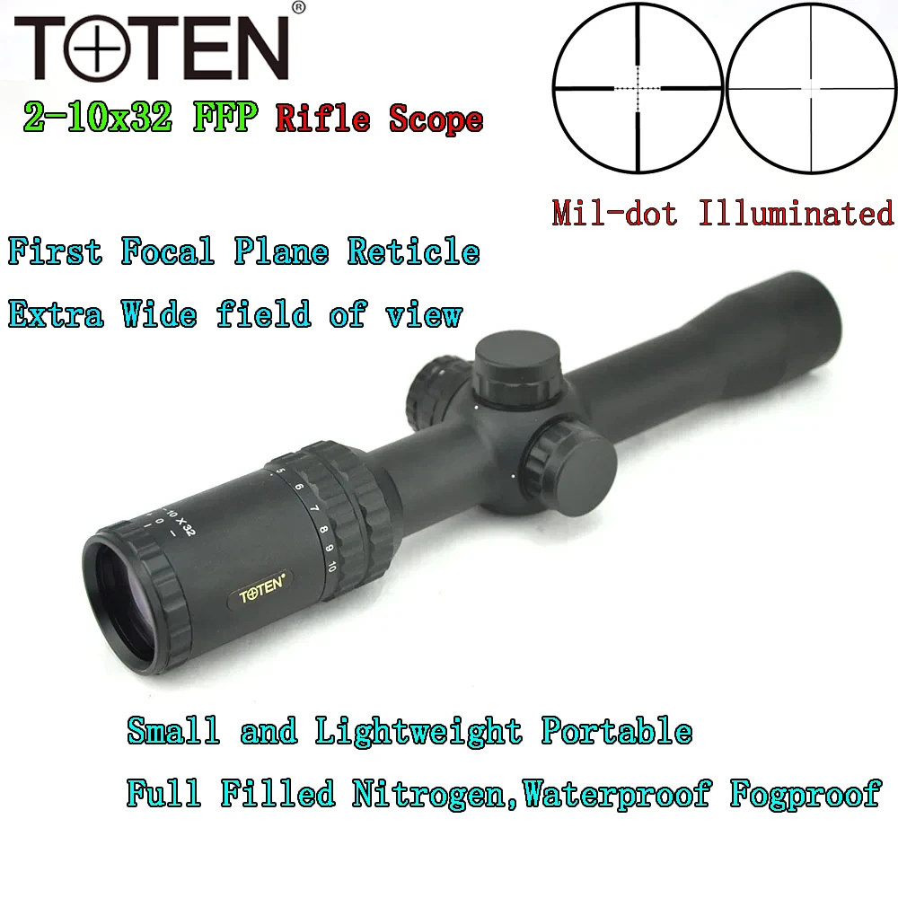 TOTEN Wide Angle 2-10x32 FFP Riflescope 30mm Tube Night illuminated Airsoft Hunting Sniper Target Optical Sight .223 .308 Cal