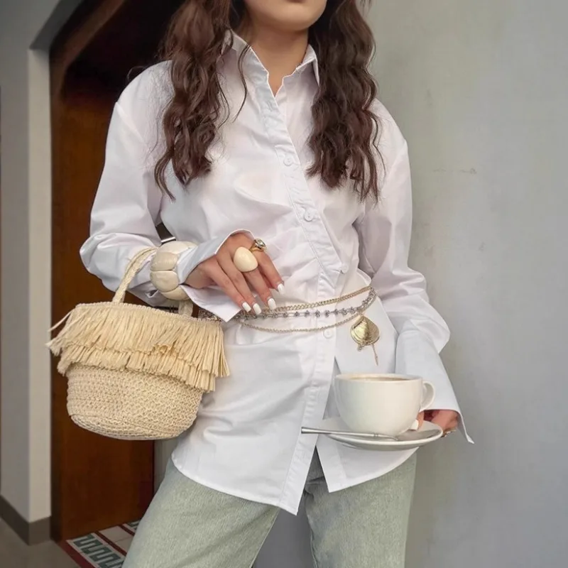French Temperament Lapel White Shirt Women's 2026 Spring Waist Inner Long-sleeved Women's Shirt Women's Clothing