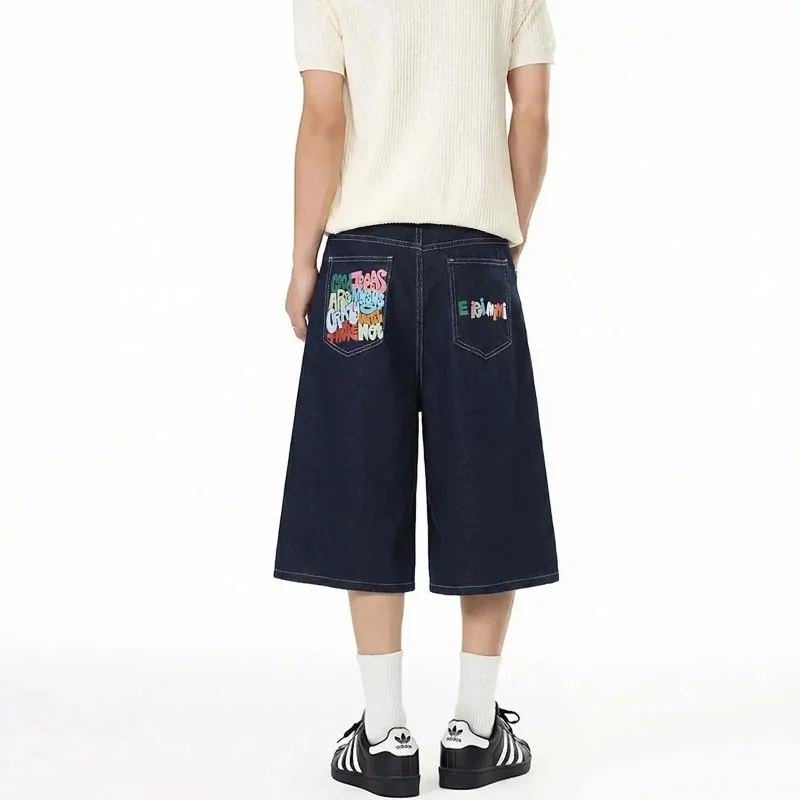Calças Capri Jeans Retrô Americanas de Verão 2026 para Homens e Mulheres, Tecido Leve e Respirável, Estampa de Letras, Caimento Solto, Comprimento até