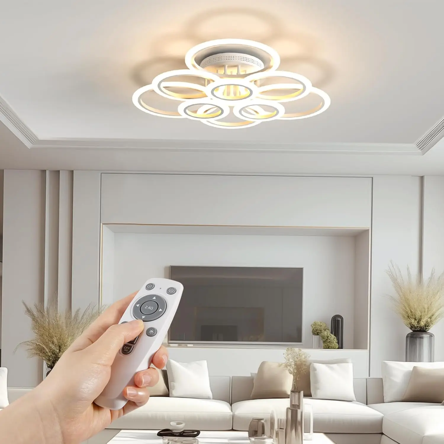 

Ouqi 120W Modern Led Ceiling Light Fixture, Dimmable Led Chandelier Flush Mount Ceiling Lights Remote Control, 9 Acrylic Ring