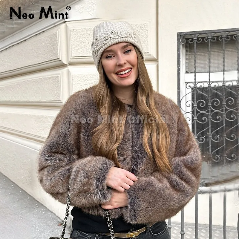 

Neo Mint 2025 Осенняя короткая куртка из эко-лисичьего меха женская культовая брендовая модная укороченная шуба из искусственного меха уличное пушистое пальто для девочек