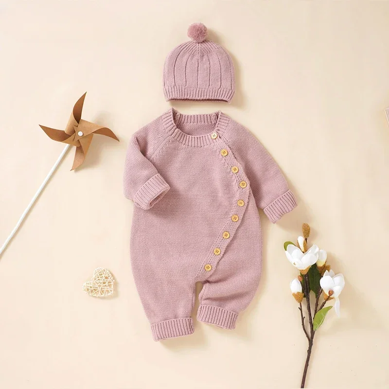 Boys Girls Jumpsuits Hats Outfits Sets Winter Solid Infant Netural Overall 0-18m Baby Rompers Knitted Autumn Long Sleeve Newborn