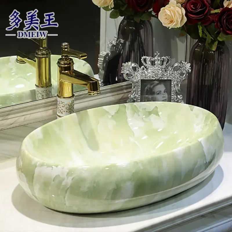Oval Ceramic Wash Basin Imitation Marble Pattern Water Transfer Art Sink for Bathroom Vanity Countertop Modern Design