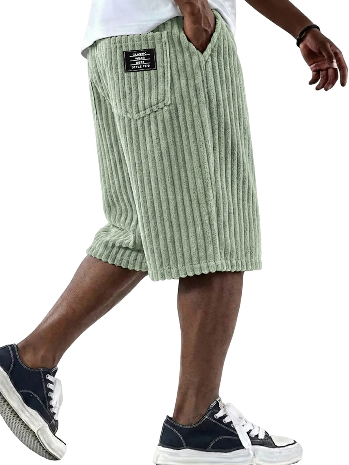New men's corduroy shorts with vertical stripes, elastic waist, casual loose shorts, daily street wear, plus size S-5XL