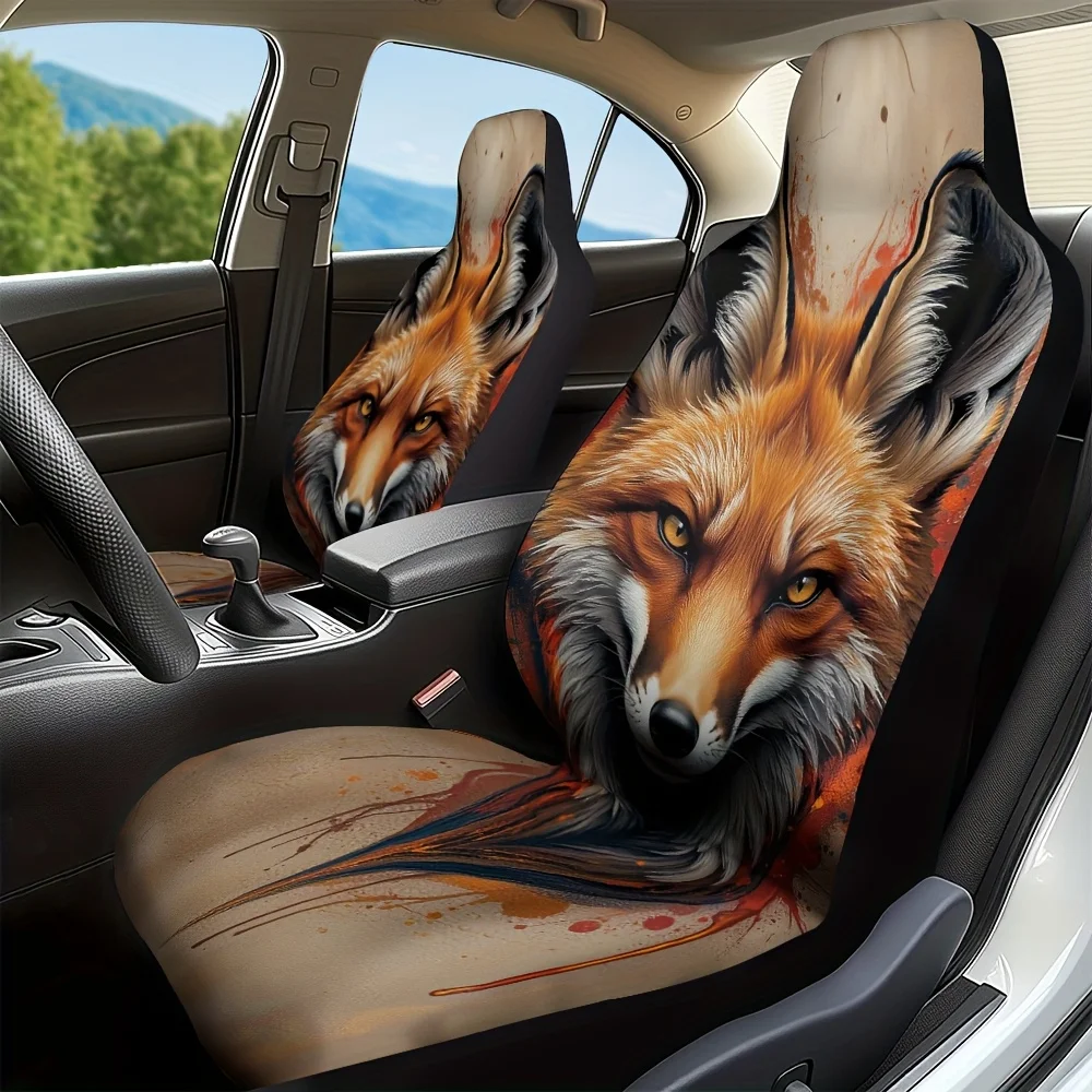 2pcs Realistic Fox Portrait Car Seat Covers - Lightweight, For Easy To Clean, Fit For All Vehicles, Stylish Red & Design With Fo