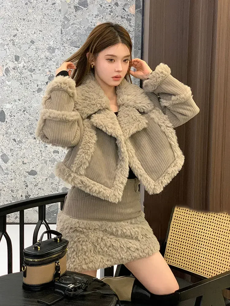 Retro style fashionable splicing furry short coat top high waist skirt short skirt two-piece suit winter women\'s clothing