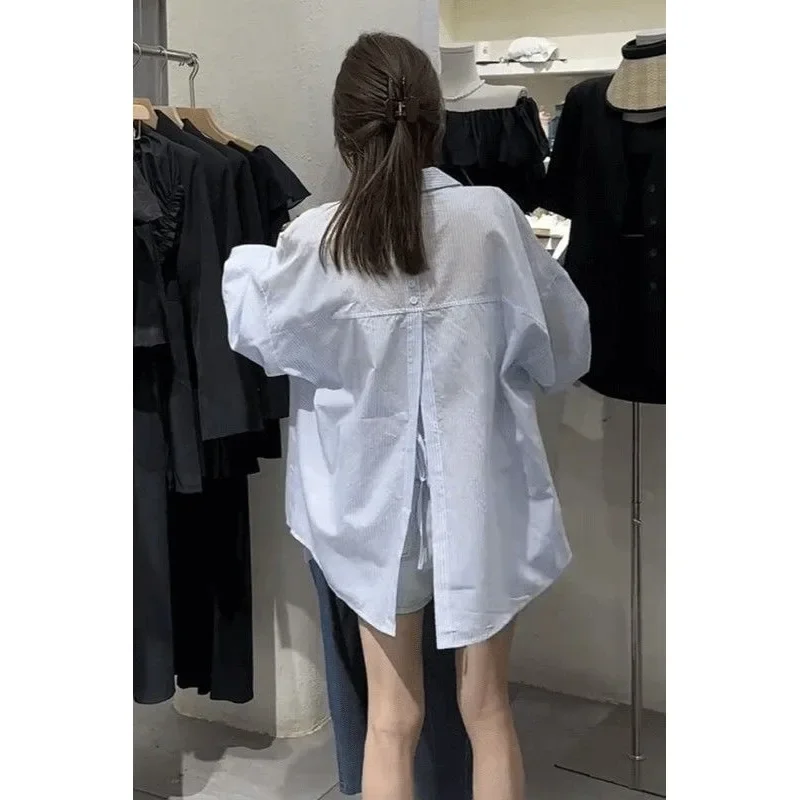 

Spring Autumn New Style Back Split Casual Versatile Top Slimming Stripes Fashionable Small Shirt Women's Loose Long Sleeve Shirt