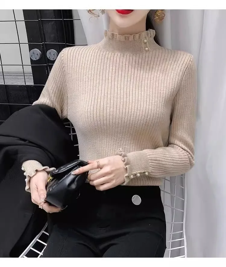Women Fleece Lined Ribbed Knit Top Ruffle Mock Neck Pearl Button Long Sleeve Warm Slim Fit Fall Winter Ladies Base Sweater Shirt