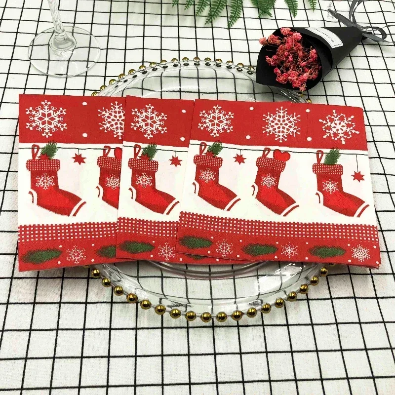 20Pcs 2Ply 33cm Christmas Stocking Napkins Snowflake Print Disposable Paper Napkins for Xmas Party Table Decor
