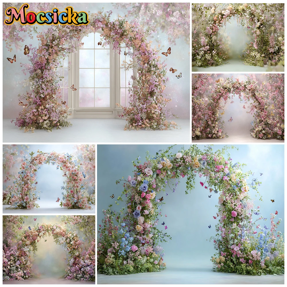 Mocsicka Wedding Photography Backdrop Pink Blue Floral Arch Butterfly Newborn Baby Shower Birthday Studio Decor Photo Background