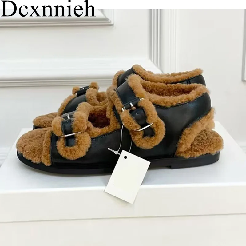 

Spring Autumn Flat Thick Sole Fur Sandals Women Metal Buckle Design Wool lining Open Toe Sandalias Ladies Daily Vacation Shoes